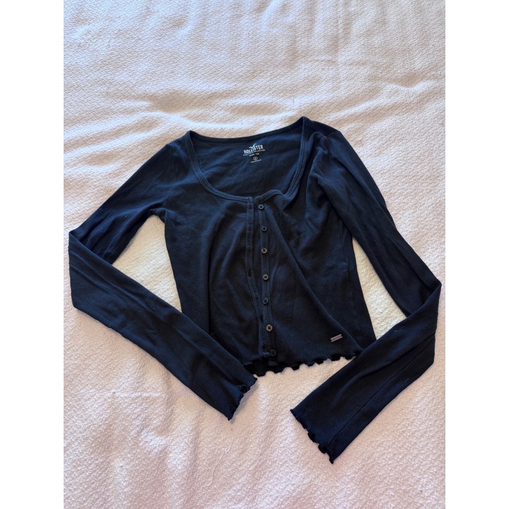 Hollister Must-Have Collection Black Ribbed Long Sleeve Button Front Baby Tee S